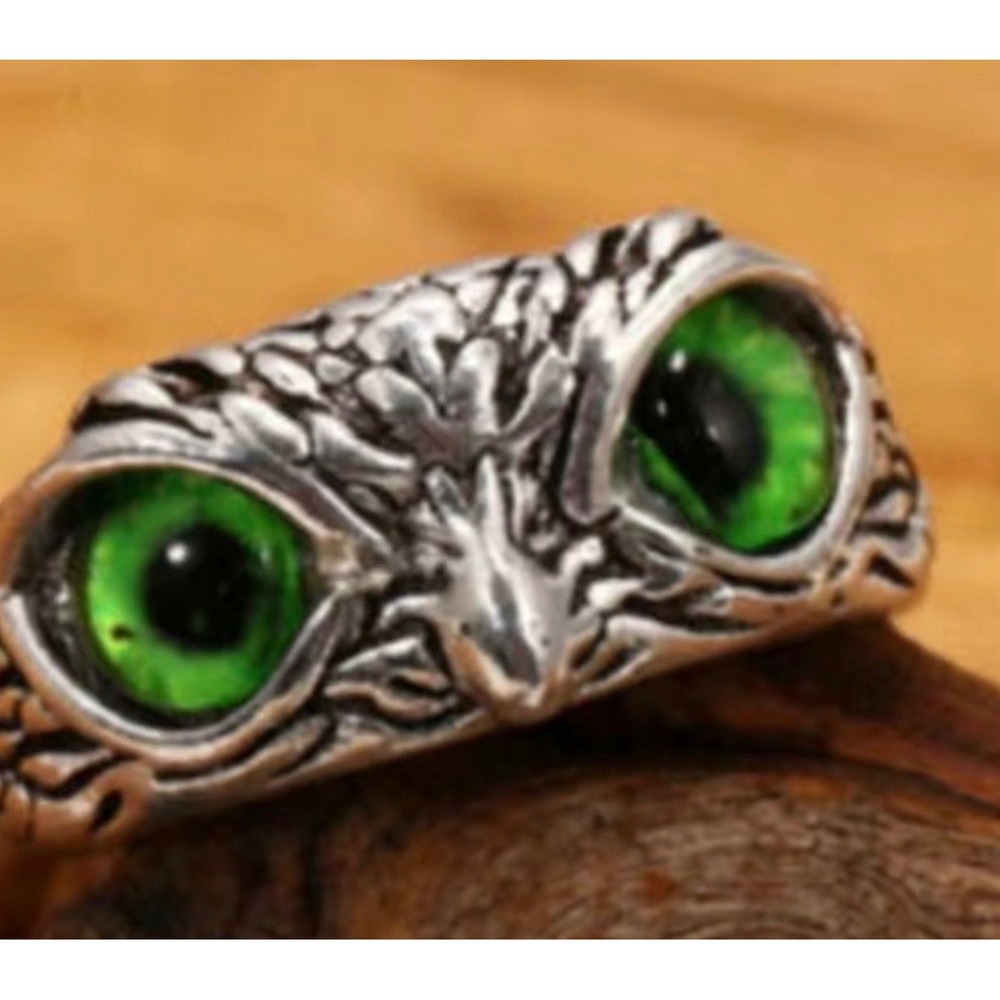 Mens Vintage Owl Ring Green Eyes Silver Tone Gothic Statement Band Size 9